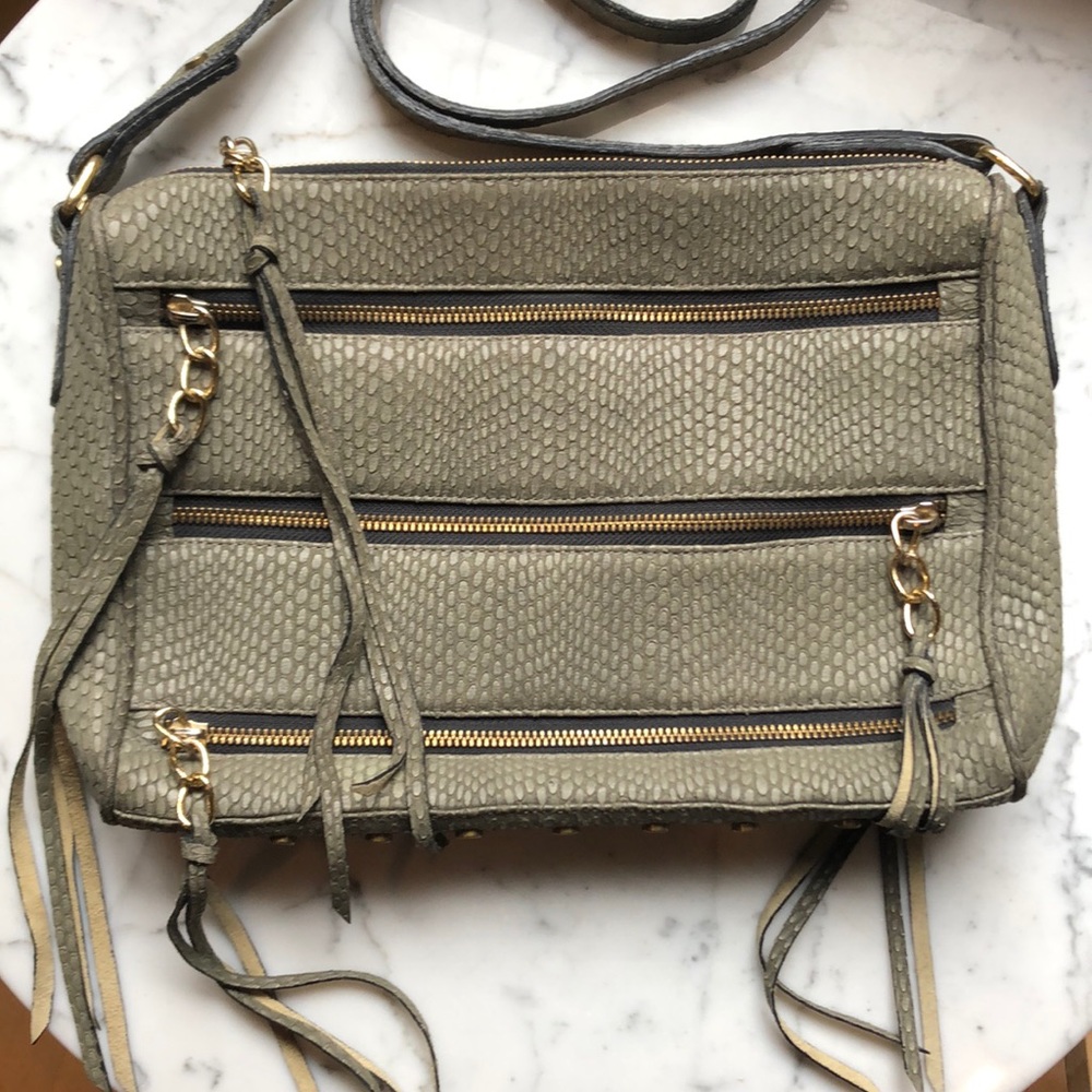 Olive green snakeskin purse with zippered pockets